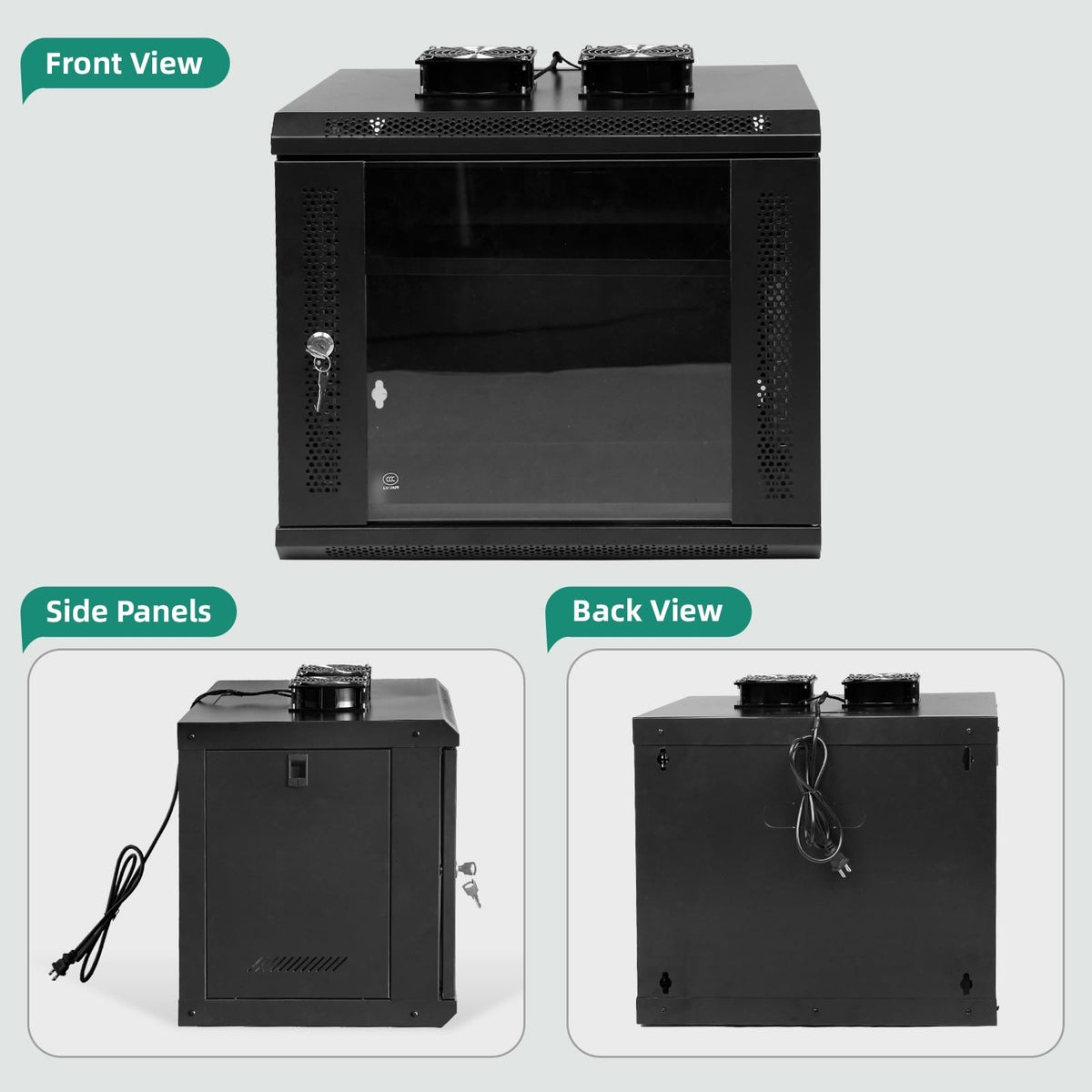 Wall Mount Network Cabinet with Fans and Shelves, IT Network Rack Enclosure Cabinet with Locking Glass Door, Removable Side Panels, Cooling Fans, for 19” IT Equipment (9U)