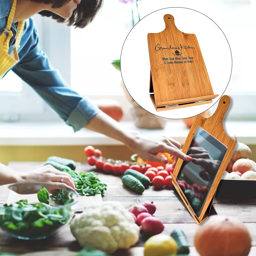 Cookbook Stand for Kitchen Counter, Rustic Cookbook Display Holder for Convenient Cooking, Adjustable Pad Tablet Recipe Book Holder, Wood Cutting Board Style Kitchen Gifts for Cooking Lovers