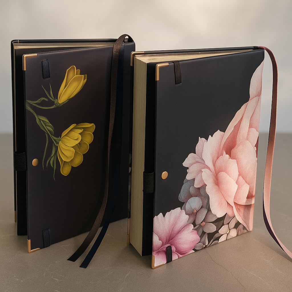Refleris A5 Journal Notebook – Lined, 120 GSM Thick Paper, Floral Hardcover with Metallic Edges, Pen Loop, 2 Ribbons & Inner Pocket – Pink Writing Diary for Women, Work or Gifts