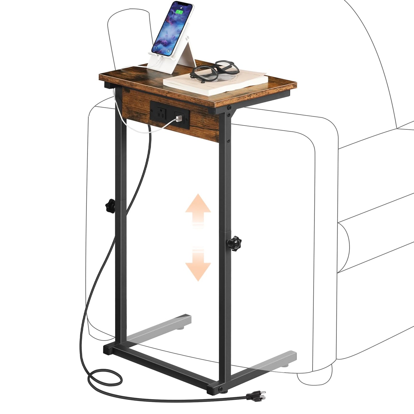HOOBRO C-Shaped End Table with Charging Station, Adjustable Height Sofa Tray Side Table, Slide Under Couch Arm Table, Small C Side Table for Small Space in Living Room, Bedroom, Rustic Brown BF71USF01