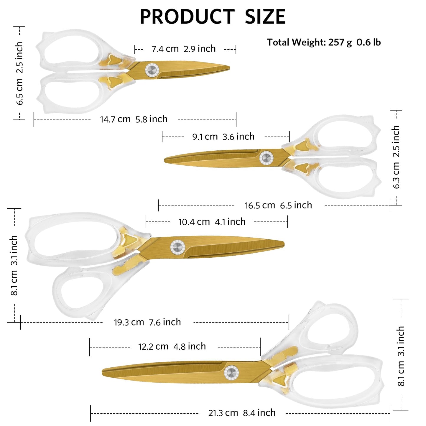 Uaugulft Acrylic Scissors, Ultra-Sharp Titanium Coated Blades and Ergonomic Clear Handle, Clear Gold Sscissors for Office Desk, Modern Design for Craft, Sewing, Office & Home, Set of 4, Gold