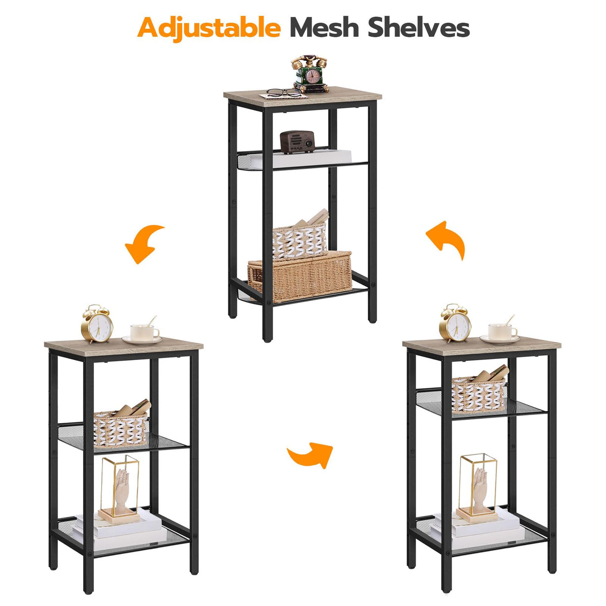 HOOBRO Tall Side Table, 3-Tier Telephone End Table with Adjustable Mesh Shelves, Small Entryway Table with Storage, Small Nightstand for Living Room, Bedroom, Hallway, Office, Greige BG01DH01G1