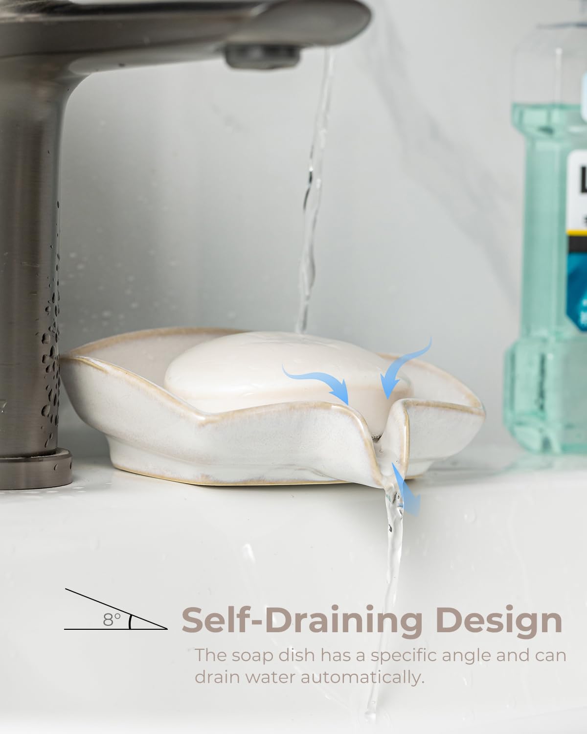 Soap Dishes, Ceramic Shower Soap Dish with Waterfall Design Bar Soap Holder Self Draining Soap Saver for Shower, Bathroom, Sink, Kitchen and Countertop, Beige White