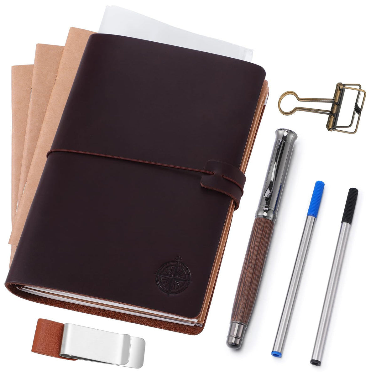 Thenshop Travelers Refillable Leather Journal Notebook Travel Diary Handmade Passport Travelers Journal for Men and Women with 3 Notebook Inserts, Pen Holder, Binder Clip