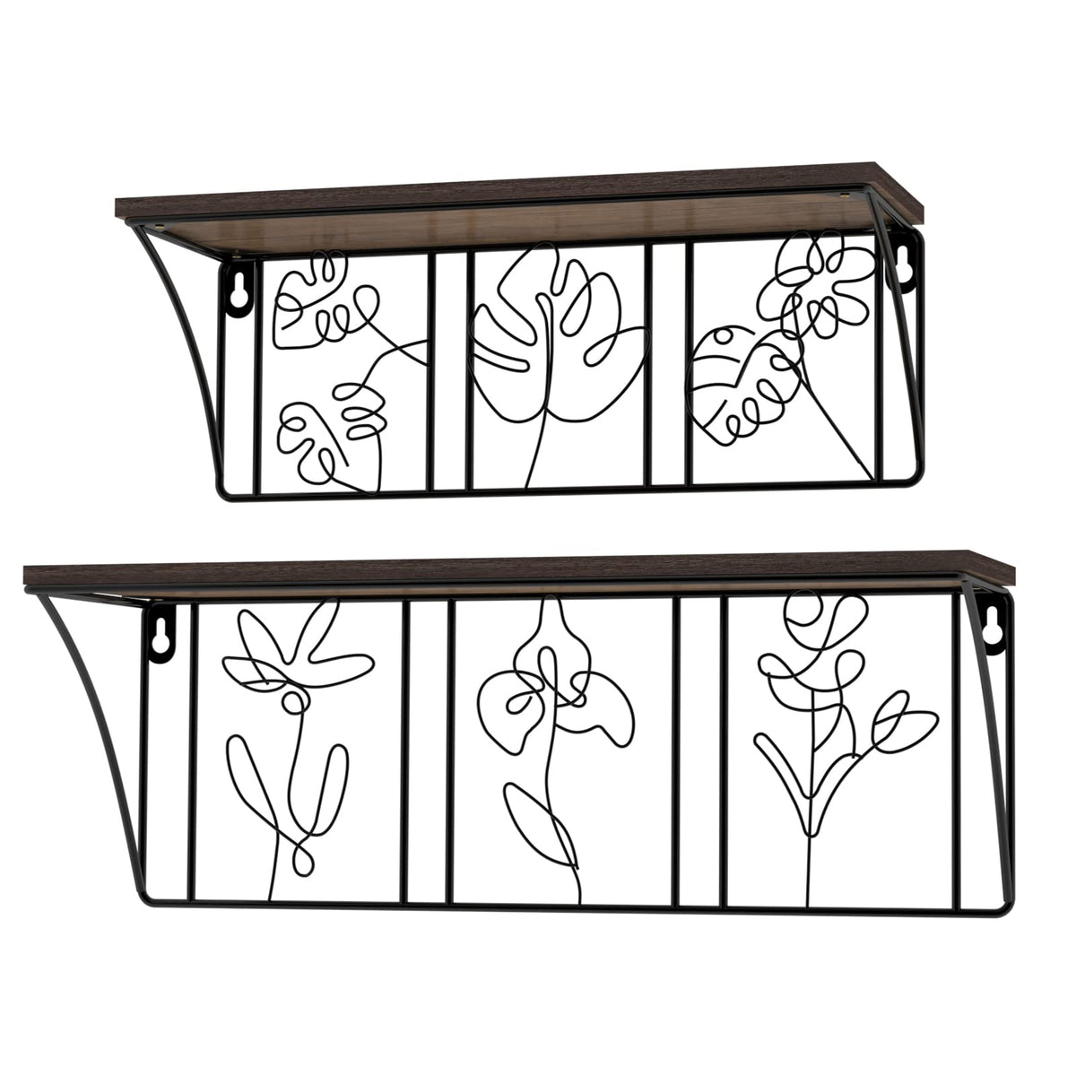 QUTREY Plant Wall Art Floating Shelves Set of 2, Minimalist Metal Abstract Decor Rustic Wooden Shelf for Living Room, Bedroom, Bathroom