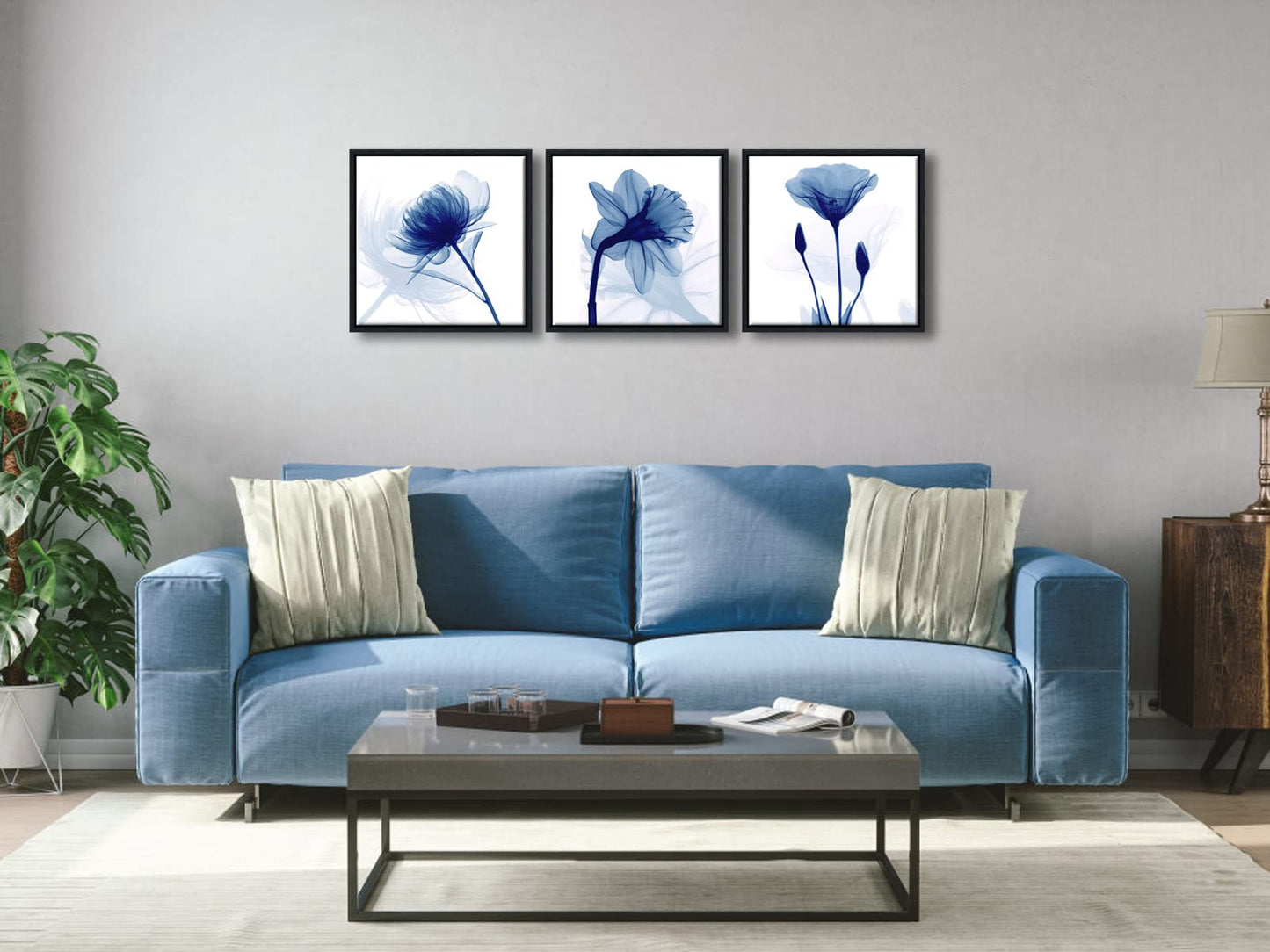 Wieco Art Framed Blue Abstract Flowers 3 Panels Canvas Prints Wall Art Modern Pictures Artwork for Living Room Bedroom Home and Office Decorations with Black Frame