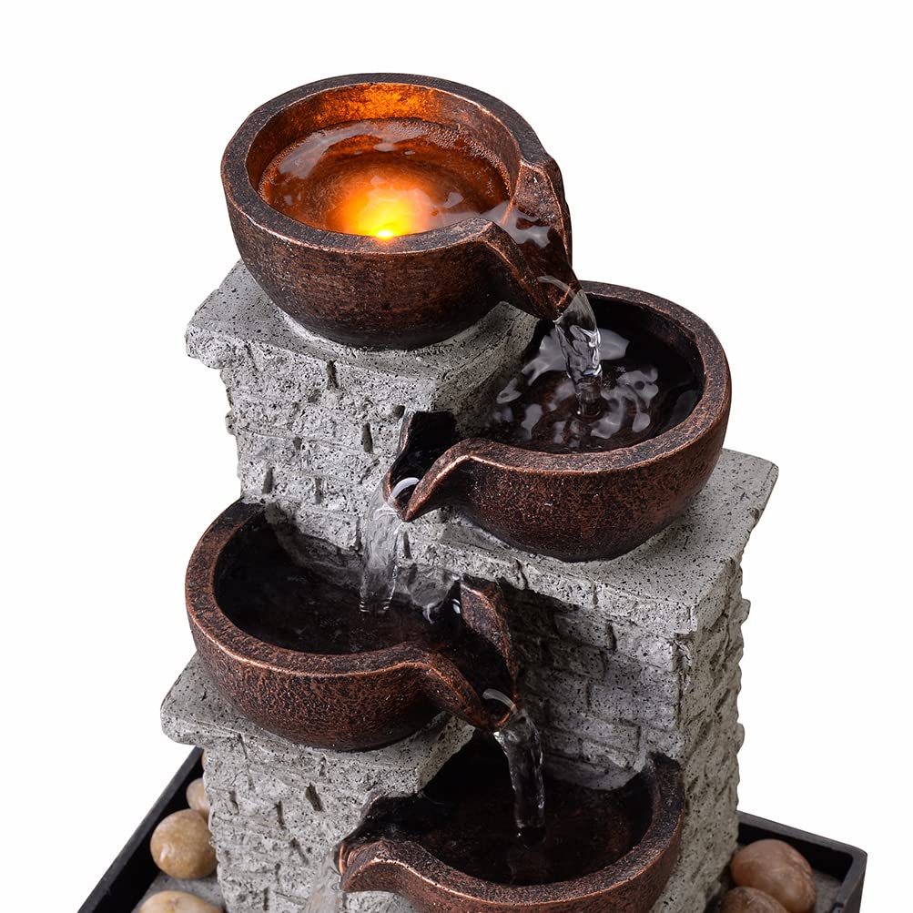 Kalona 4-Tier Indoor Waterfall Tabletop Fountain with LED Lights and Natural Rocks, Cascading Bowl Desk Fountain for Home and Office Decoration, Relaxing Water Feature (21132B)