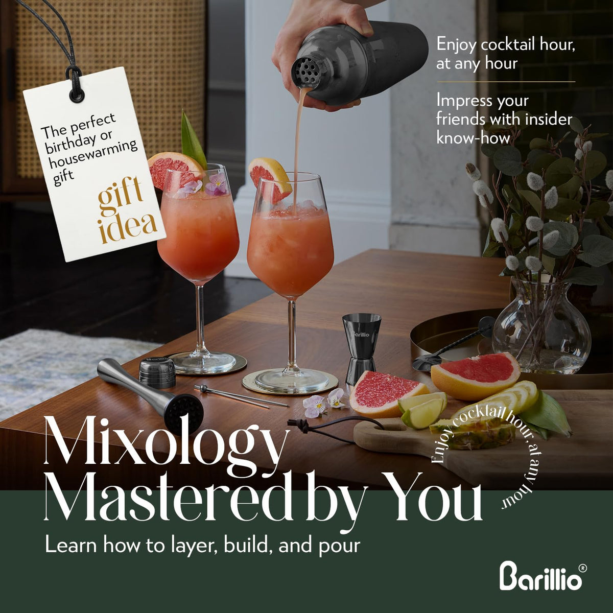 Barillio Black Mixology Bartender Kit - 8 pcs Stainless Steel Travel Cocktail Shaker Set with Bag - Bar Tools Set & Martini Shaker, Drink Mixer Spoon & Mojito Muddler for Cocktails, Pourers & Jigger