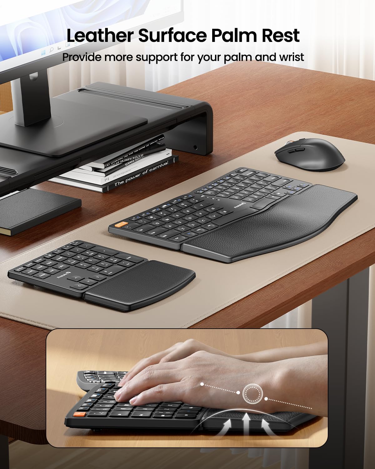 ProtoArc Ergonomic Keyboard Mouse, EKM04 2.4GHz USB Wireless Ergo Keyboard Mouse Combo with Separate Numeric Keypad, Split Design, Hard Wrist Rest, Rechargeable, for Windows Desktop/PC/Laptop