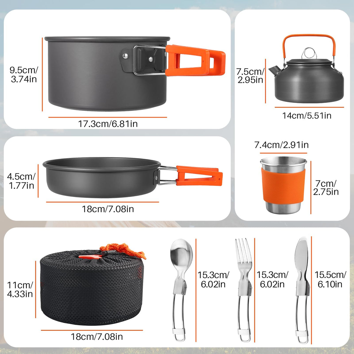 FUNYKICH 17PCS Camping Cooking Set, Non-Stick Lightweight Camping Pots and Pans Set with Kettle, Stainless Steel Cups, Foldable Forks Knives Spoons for Camping, Backpacking, Outdoor Cooking & Picnic