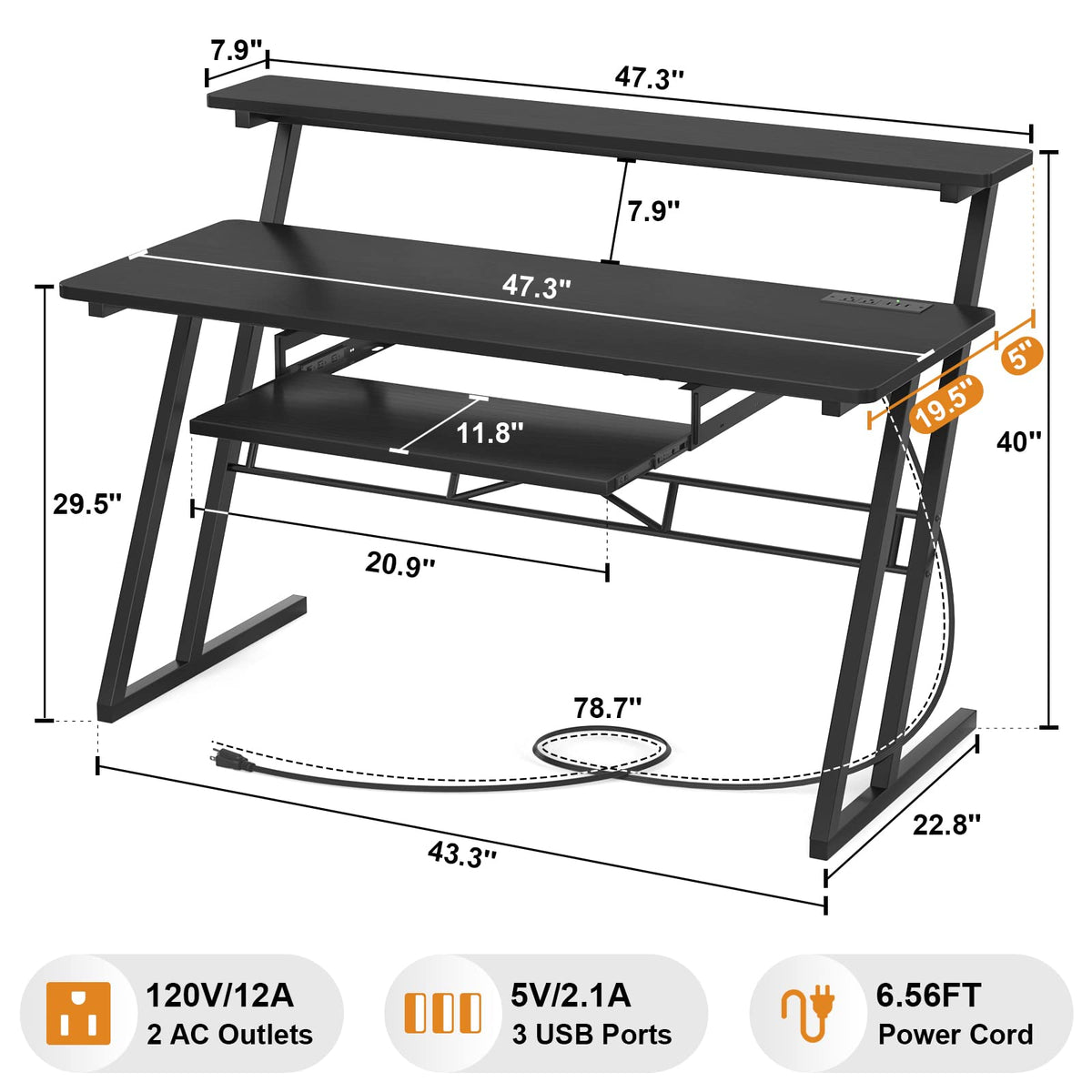 Music Studio Desk Production Workstation - Recording Studio Desk for Producer with Power Outlet, Studio Workstation for Music Recording, Home Studio Table Desk, Black