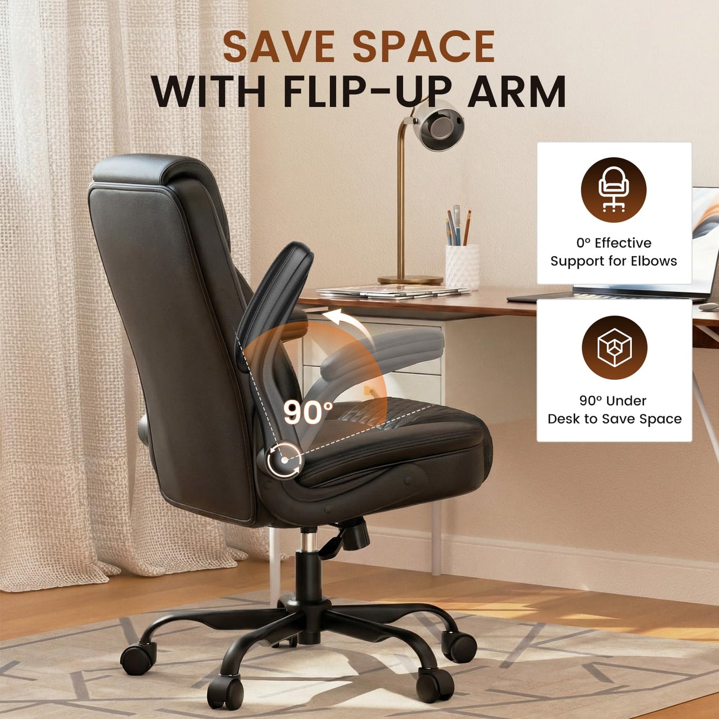 GTPLAYER Leather Office Chair, Home Desk Chair with Flip-up Arms and Ergonomic Back - Comfy Heavy Duty Executive Chair for Home Office Gaming, Charcoal Black