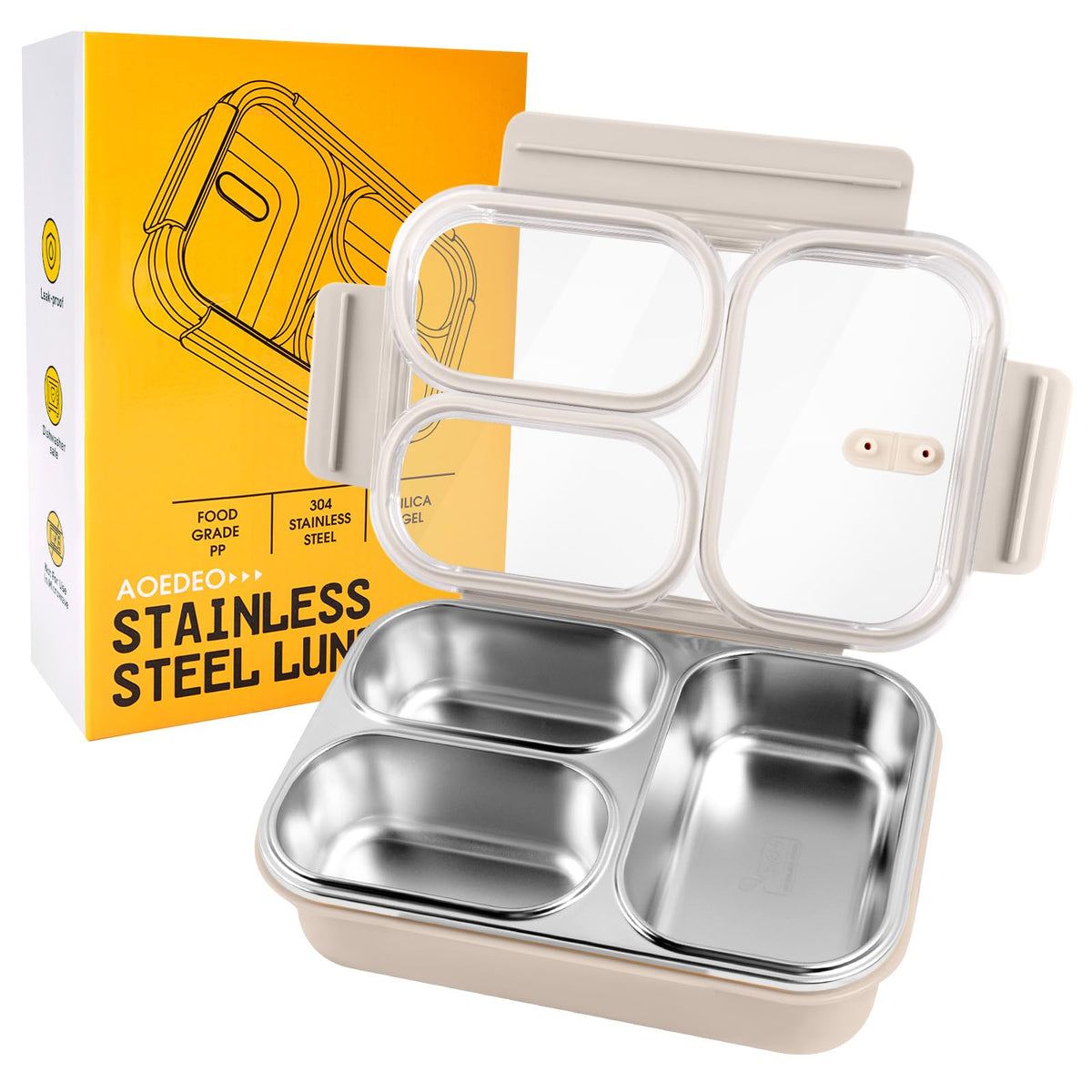 AOEDEO Stainless Steel Lunch Box, 3 Compartments Metal Bento Box for Kids, 25oz Lunch Container with Leakproof Lid, Divided Meal Prep Box for Adults, Kids - Ideal for Office, School, Healthy Eating