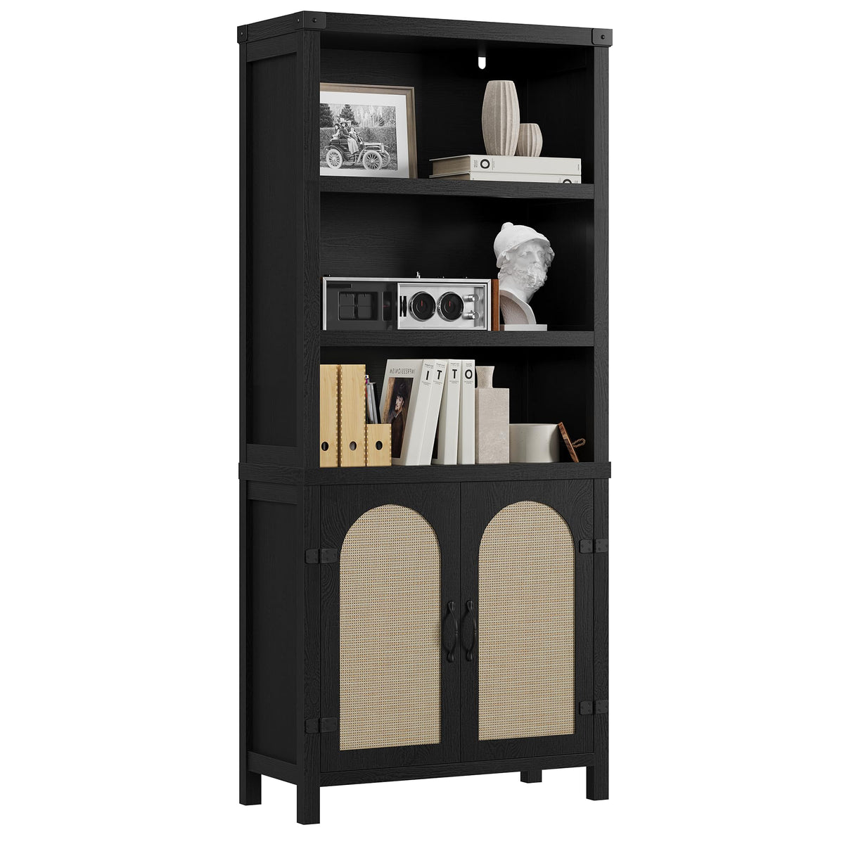 GarveeHome Bookshelf and Bookcase with Doors, 5 Tier Double Wide Large Bookshelves, Open Display Shelves, 70'' Tall Bookshelf with Storage Cabinets for Home Office, Living Room, Library, Black