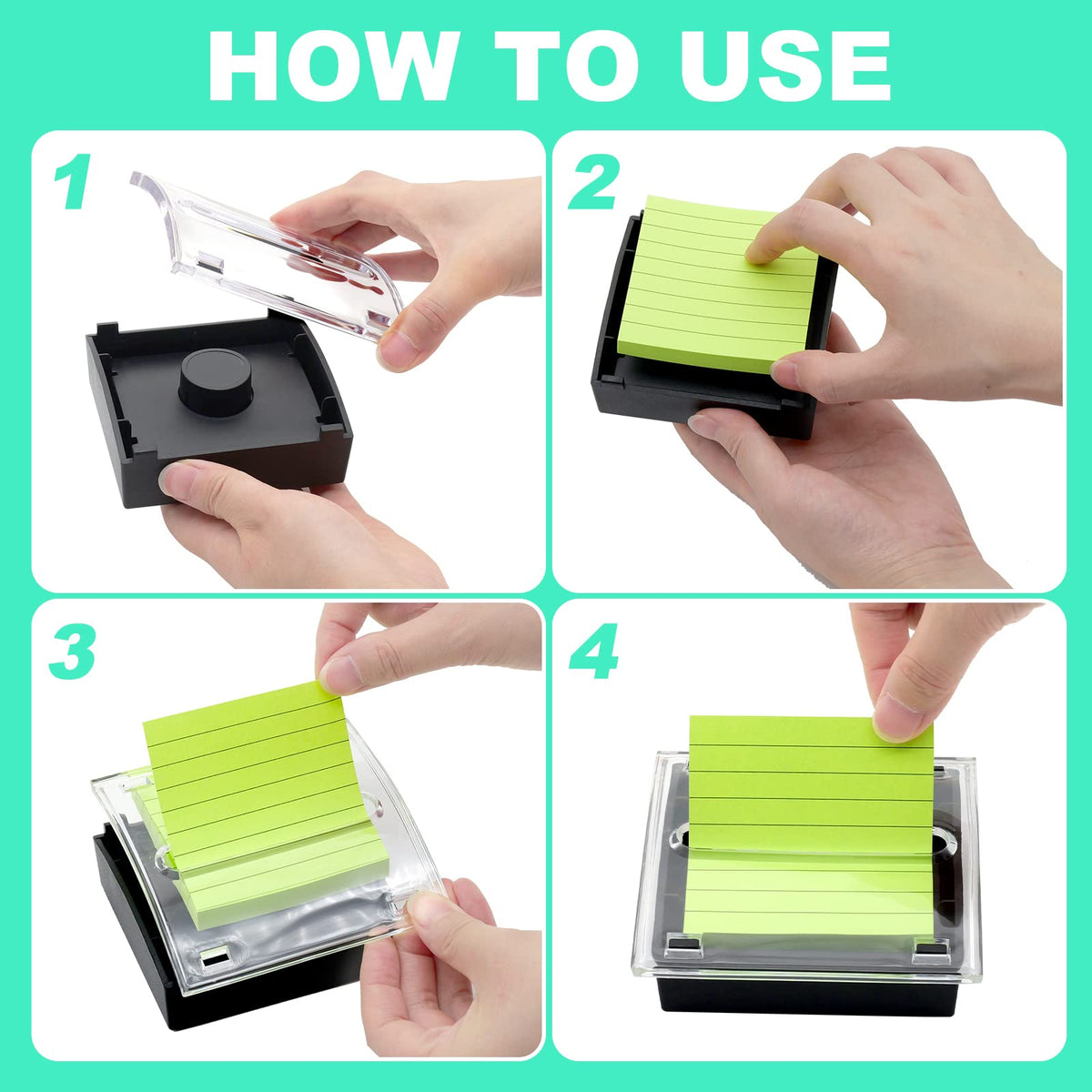 4 Pcs Pop Up Sticky Note Dispenser Sticky Note Holder Pop Up Note Dispenser Transparent Top for 3 x 3 Inch Sticky Notes School Office Home Store Black Base Clear Top (4)