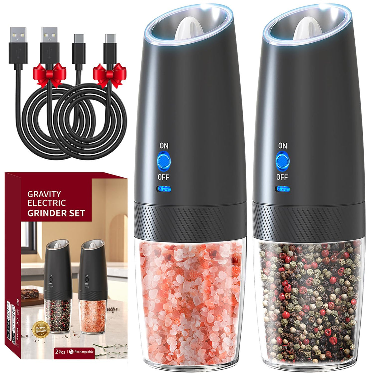 RECHARGEABLE - Gravity Electric Pepper and Salt Grinder Set, Adjustable Coarseness, With LED Light, One Hand Automatic Operation, 2 Pack-Black