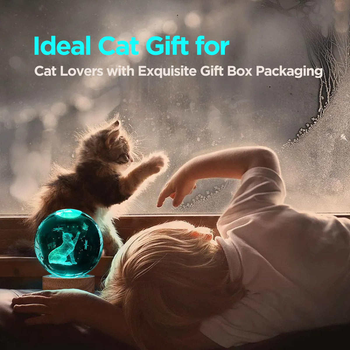 Crystal Ball Night Light Cat Lamp, 3.15 Inch Cat Figurines with 16 Color Wooden LED Base, Birthday &