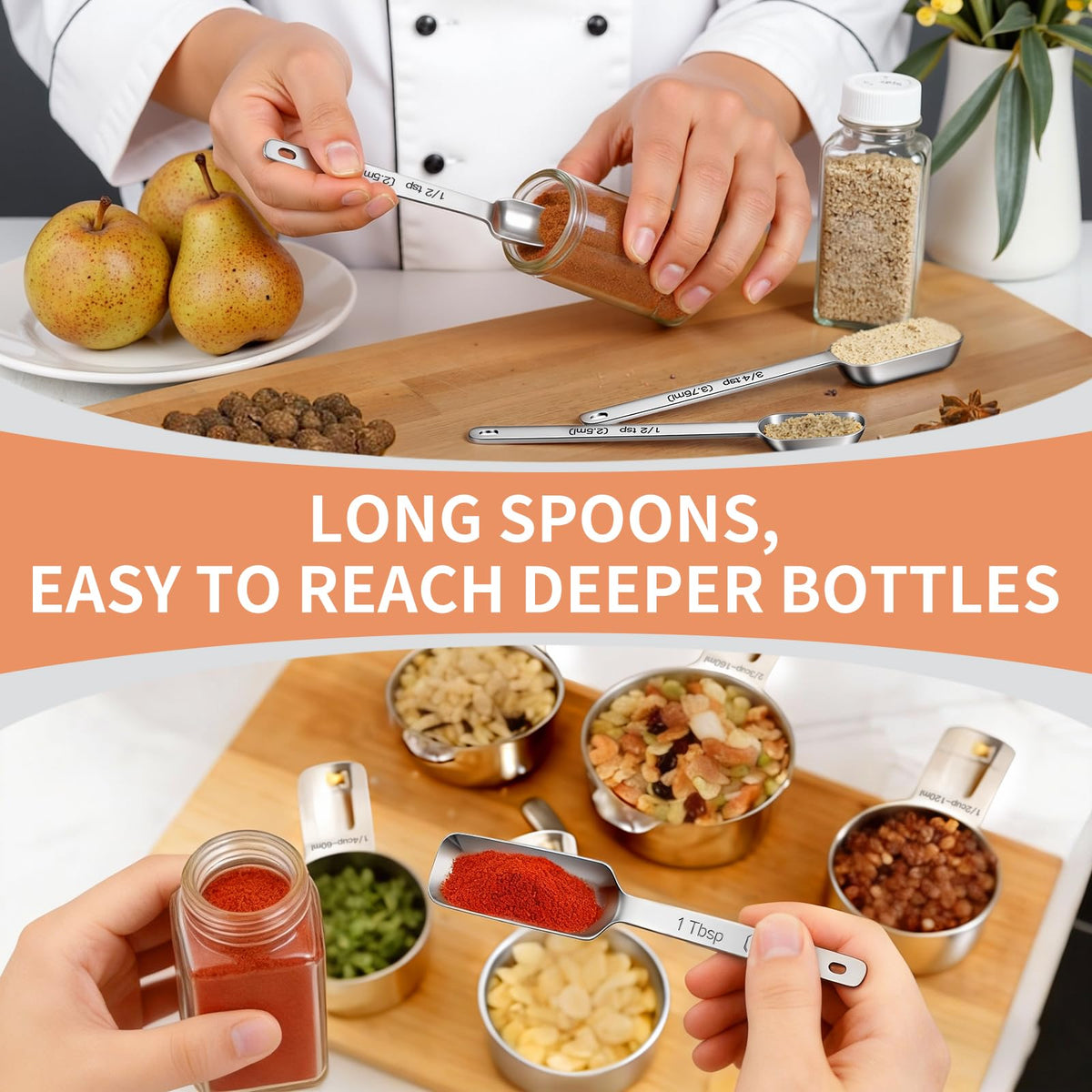 EWFEN Measuring Cups and Spoons Set, 7 Stainless Steel Nesting Measuring Cups & 7 Spoons, 5 Mini Measuring Spoons &1 Leveler, Kitchen Gadgets for Cooking & Baking, Square