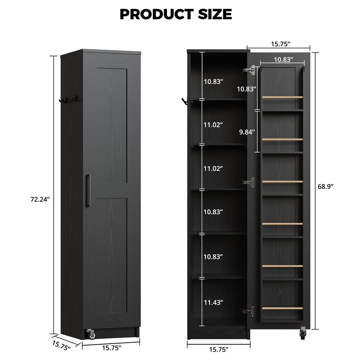 IRONCK Narrow Kitchen Pantry Storage Cabinet, 72" Slim Single Door with 6 Adjustable Shelves, Door Rack and Wheels, Space Saving Freestanding Storage Floor Cabinet for Small Place, Black