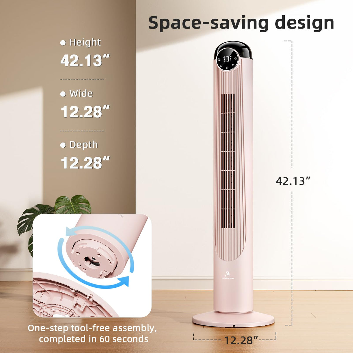 Antarctic Star T36 Tower Fan-36 Inch, Bladeless Oscillating Fan with Remote, 6 Speeds & 4 Modes, LED Display, 9H Timer, Quiet Floor Standing Fan for Bedroom Living Room Office, Pink