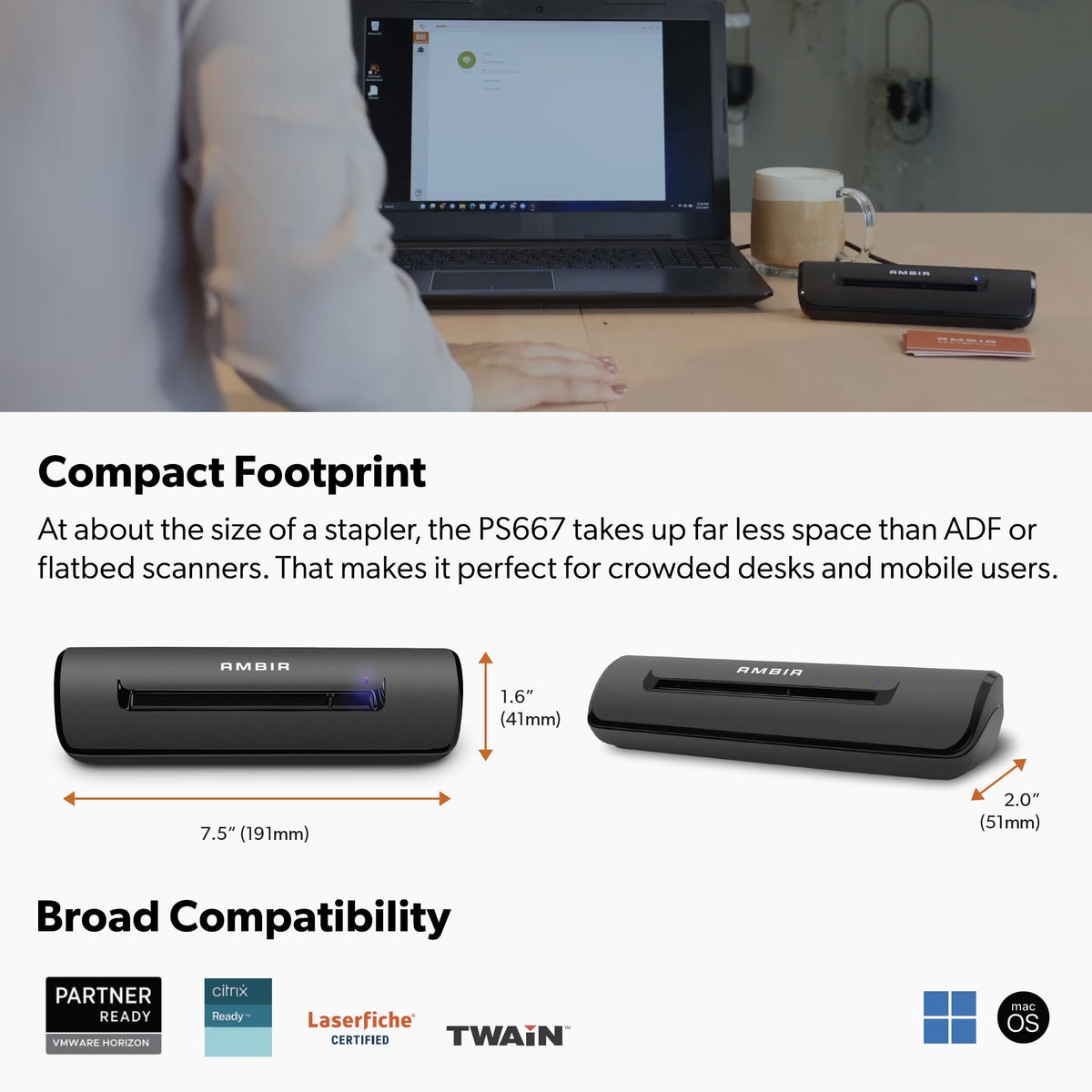 Ambir ImageScan Pro 667 Business Card Scanner with AmbirScan Business Card for Windows PC and MAC