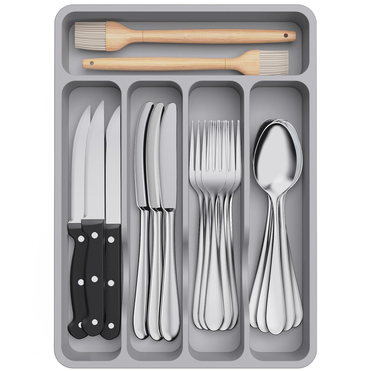 Lifewit Silverware Drawer Organizer Tray, Plastic Cutlery Storage for Kitchen, Flatware and Utensil Holder Divider for Spoons Forks Knives Tableware, 9.1 x 12.6", 5 Slots, Gray
