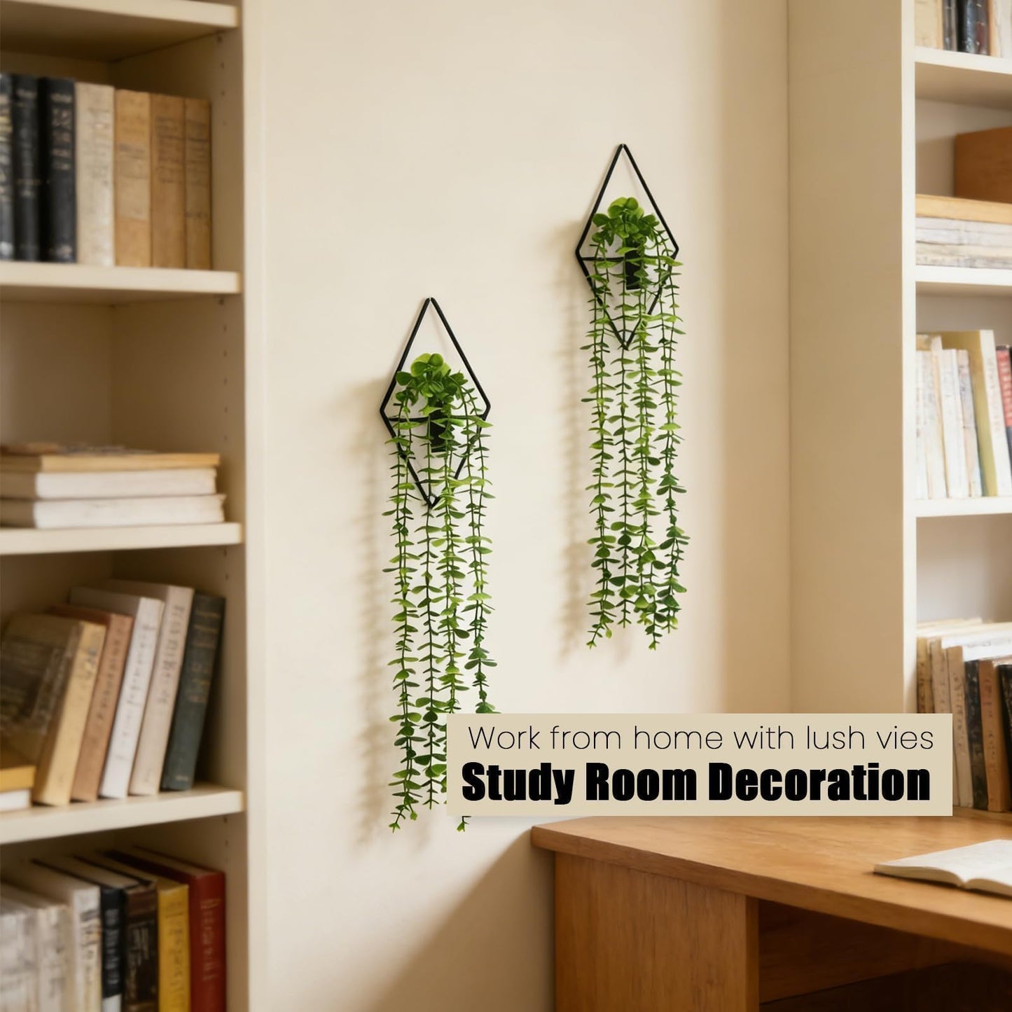 GREENTIME 2 Pack Fake Succulent Plants Hanging Artificial Ivy Vine with Black Diamond Metal Hanging Vase Faux Hanging Eucalyptus for Teacher Appreciation Living Room Bedroom Boho Kitche Wall Shelf