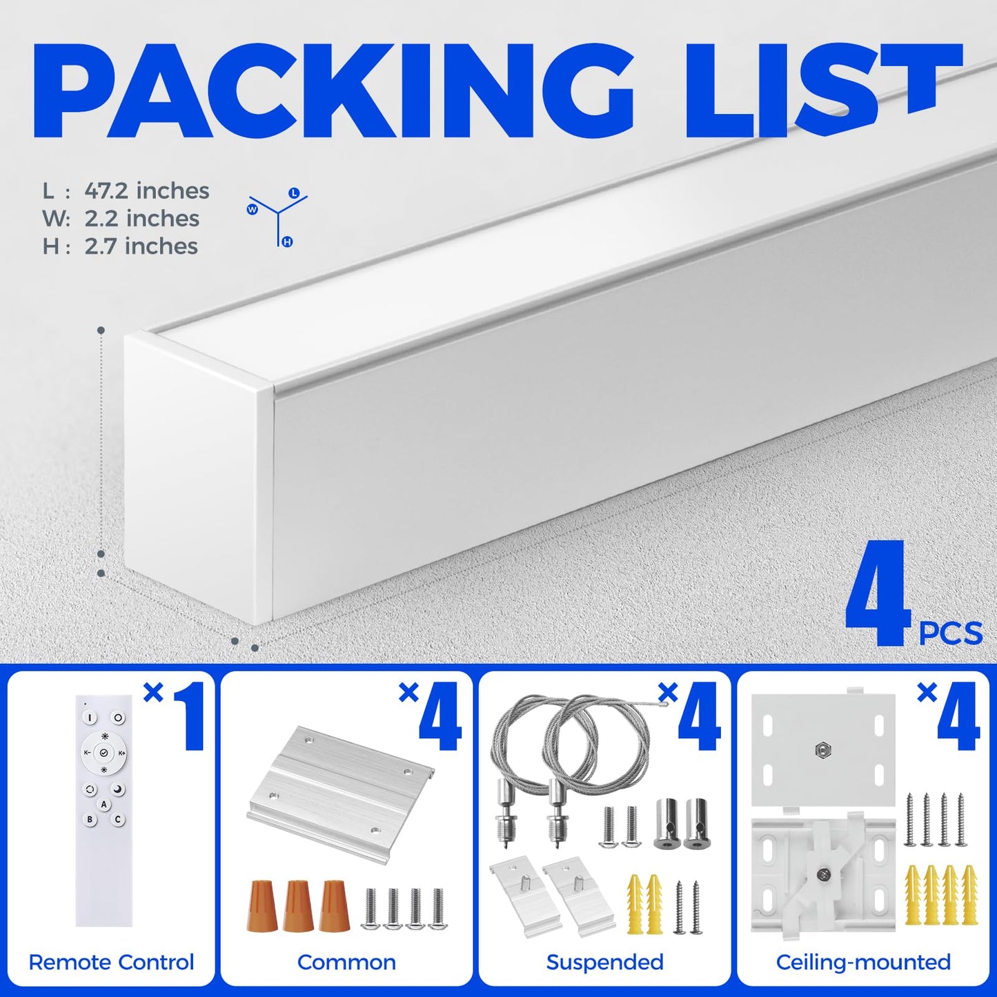 Barrina 5568 Remote Series LED Linear Light, 2nd-Generation, 45W Seamless Connection, 3000K-6000K Color Changing, 4FT Dimmable Hanging Office Shop Light Fixture with Remote, 5568 Series White, 4 Packs