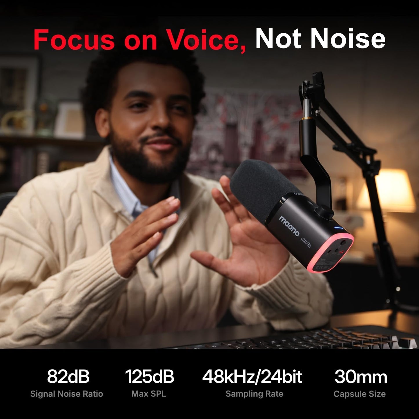 MAONO PD100W USB Wireless Microphone for PC, Gaming Streaming Dynamic Mic with One-Click Noise Reduction,Mute Button,Custom RGB, 3.5mm Headphone Jack, Desktop Podcasting Mic for Computer Phone, Black