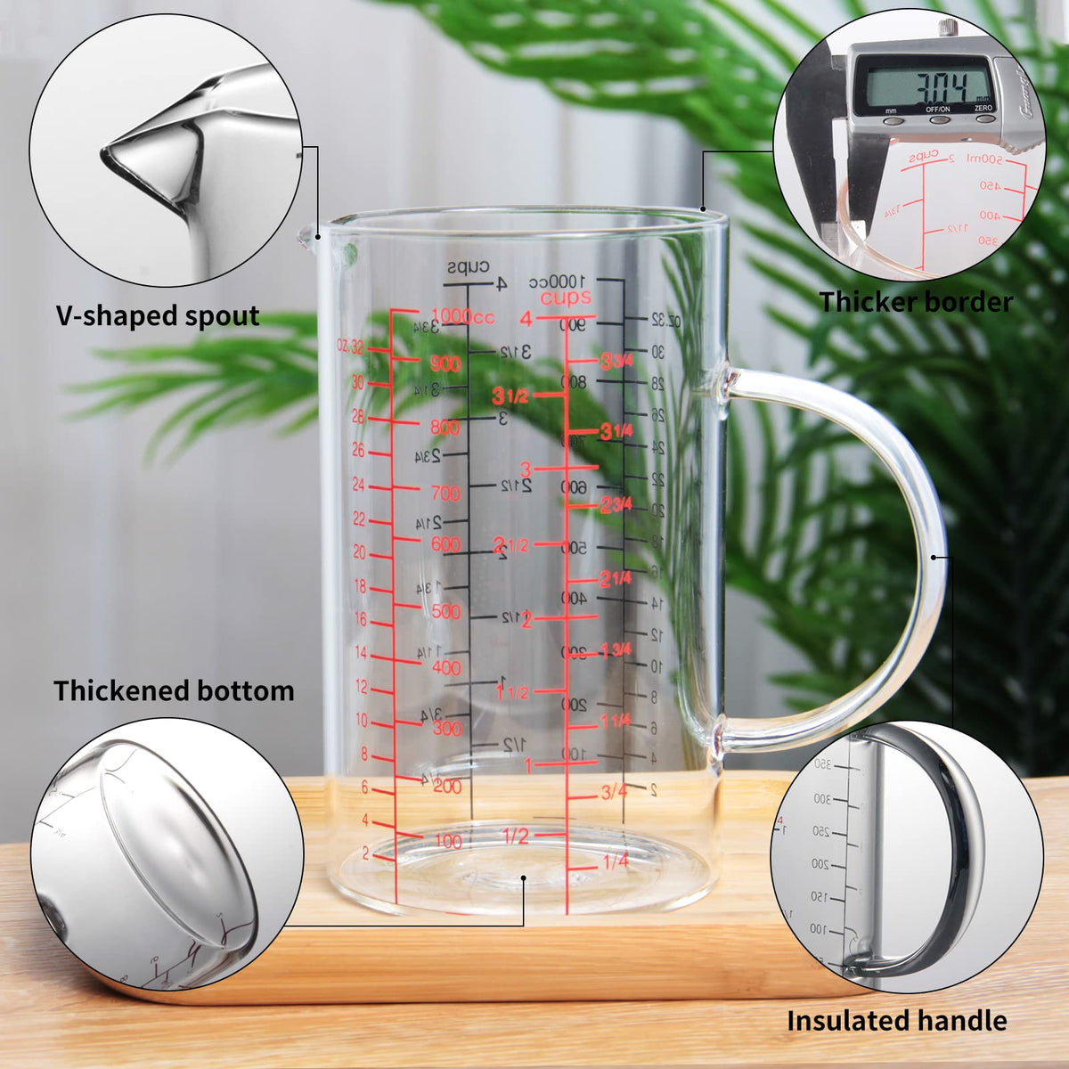 77L Glass Measuring Cup, [Double-Sided Measuring Scale, Insulated handle, V-Shaped Spout], High Borosilicate Glass Measuring Cup for Kitchen or Restaurant, Easy To Read, 1000 ML (1 Liter, 4 Cup)