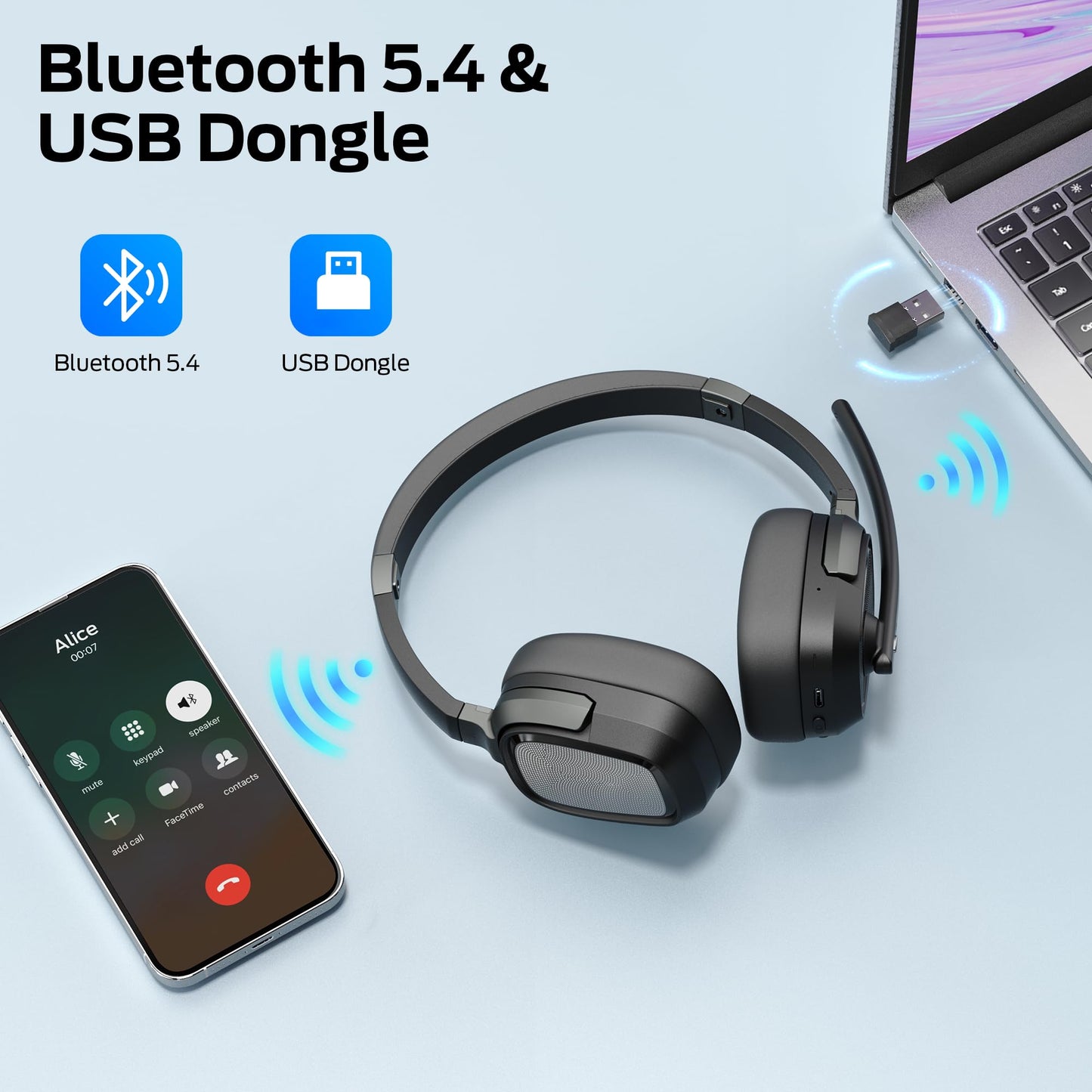 Monster VoiceLink 200 Wireless Headset with Mic for Work, Bluetooth V5.4 Headphones with AI Noise Cancelling Mic & USB Dongle, 60H Playtime & Mic Mute for Computer/Laptop/PC/iPhone/Android