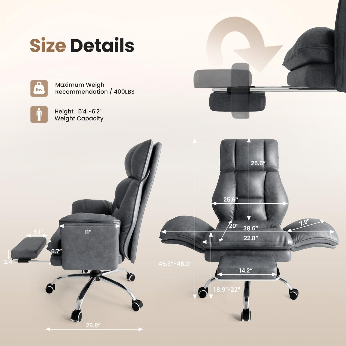 Big and Tall Office Chair, Flip Armrests for Pets & Cross Legged Sitting, Executive Ergonomic Computer Gaming Chair with Foot Rest, Teddy Fleece Wide Seat Reclining Desk Chair, White Vanity Chair
