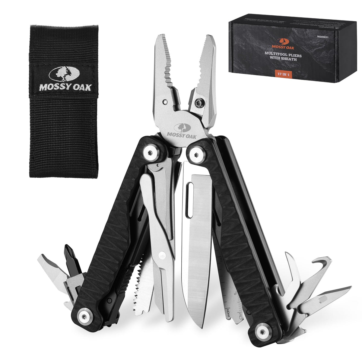MOSSY OAK Multitool, 17-in-1 EDC Multi Tool with CNC-Machined Steel Pliers, G10 Anti-Slip Handle, Nylon Sheath & Belt Clip – Durable MultiTool for Camping, Hiking, Hunting, Survival, and Everyday Use