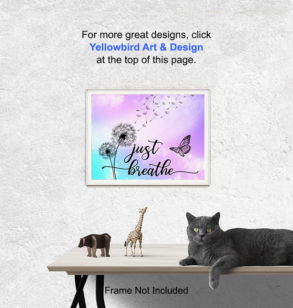 Just Breathe Wall Art - positive Quotes Purple Office Wall Decor for Women - Farmhouse Bedroom Inspirational Wall Decor - Motivational Shabby Chic Art - Zen Spa Wall Art, Butterfly Print