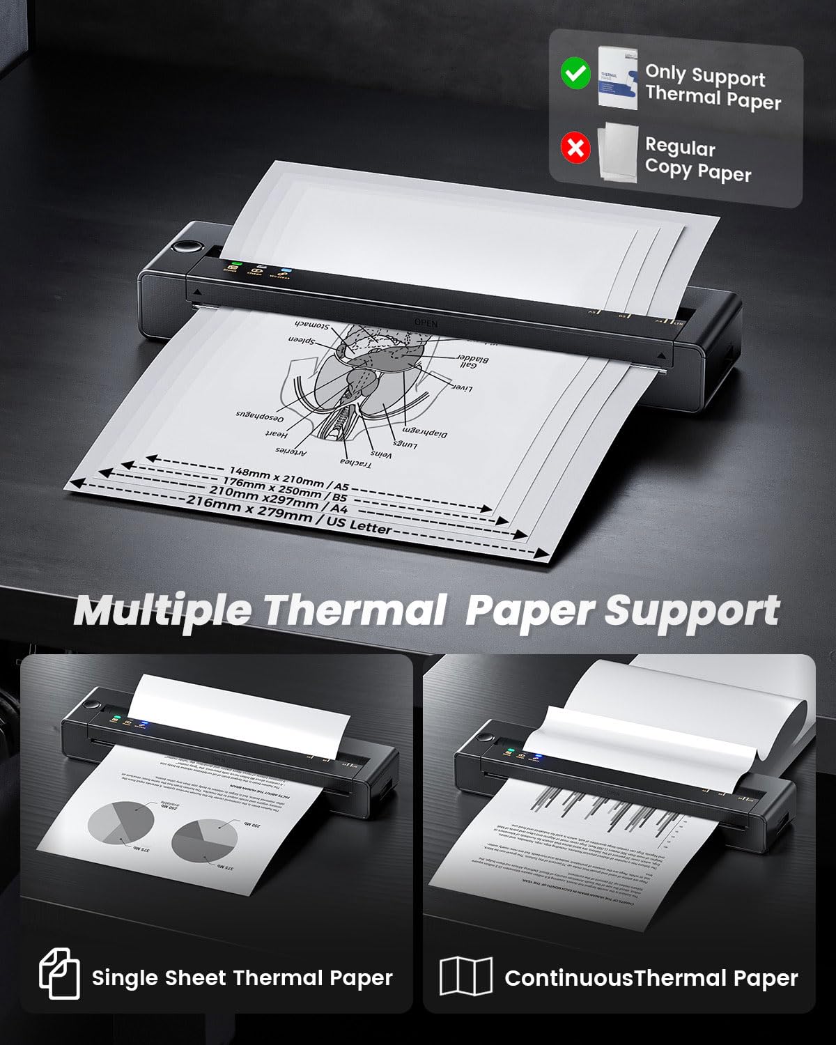TATTMUSE Inkless Portable Printers Wireless for Travel, Small Thermal Printer Compatible with iPhone Laptop, Bluetooth Mobile Printer for School/Office/Home Use Support 8.5" X 11" Thermal Paper