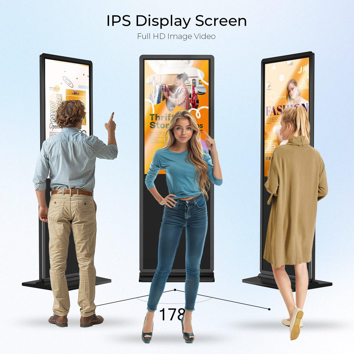 HARZHI 43 inch Digital Signage Display, 4K UHD LCD Screen, Indoor Floor Standing Advertising Kiosk, Android OS, Auto Media Player, HDMI/USB/WiFi (Touch)