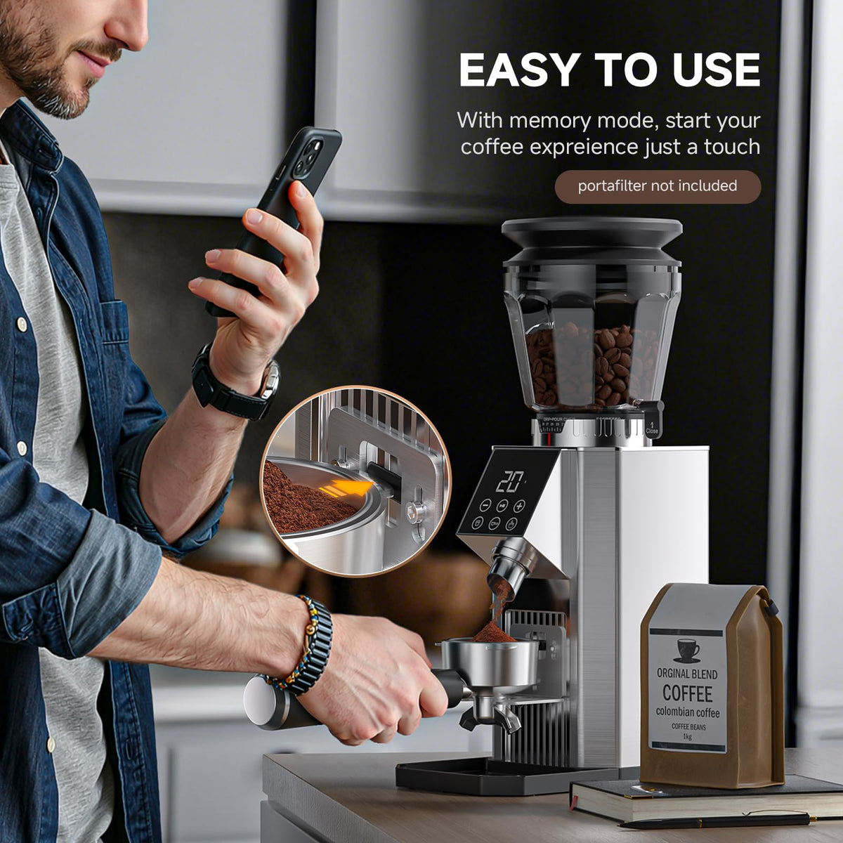 Burr Coffee Grinder with 45 Grind Settings, 40mm Conical Burr, Anti-Static Technology, Touchscreen Control, 300g Bean Hopper, Stainless Steel Body, for Espresso to French Press, Easy to Clean