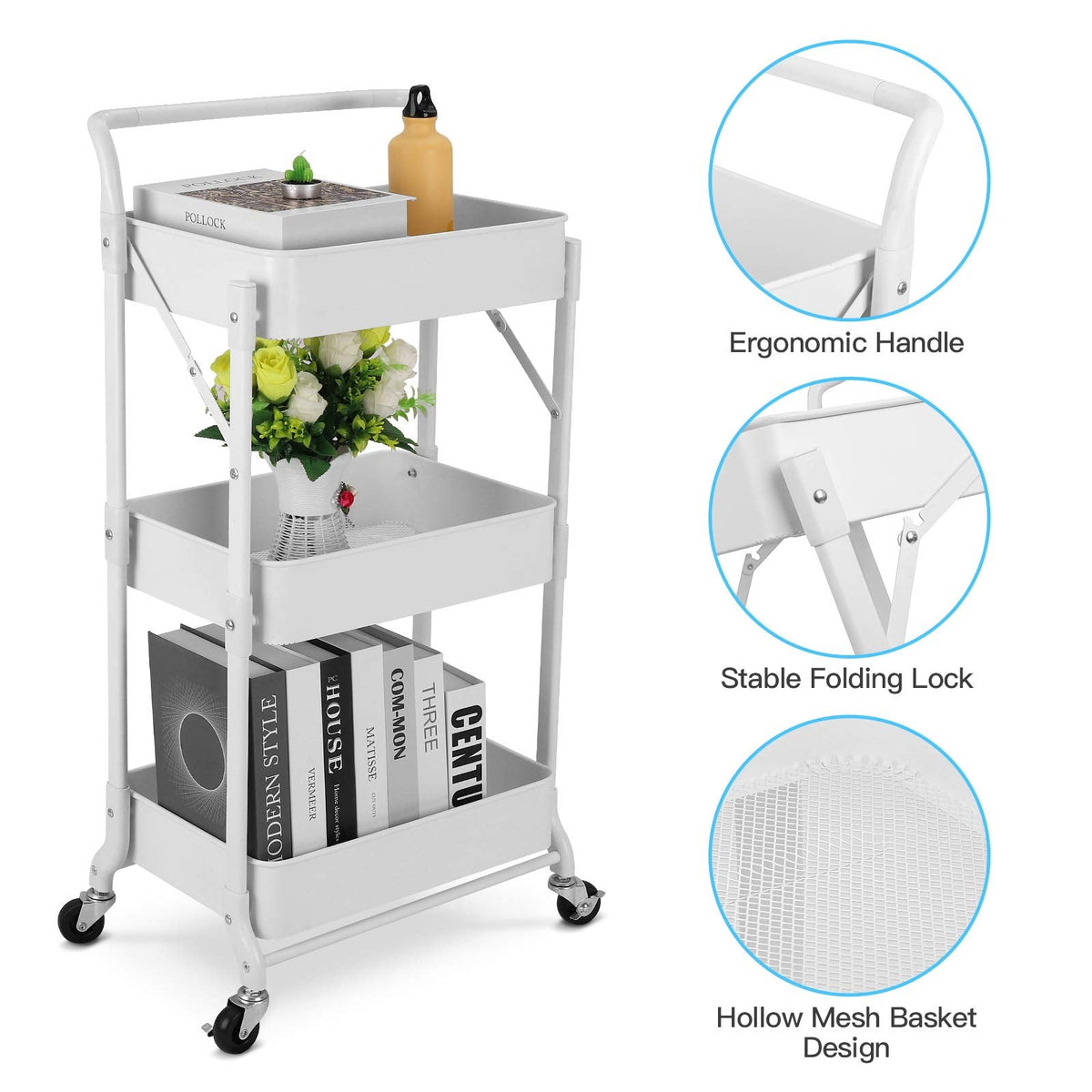 johgee Foldable 3 Tier Metal Utility Rolling Cart, Folding Mobile Multi-Function Storage Trolley Organizer Cart for Home Library Office(White)