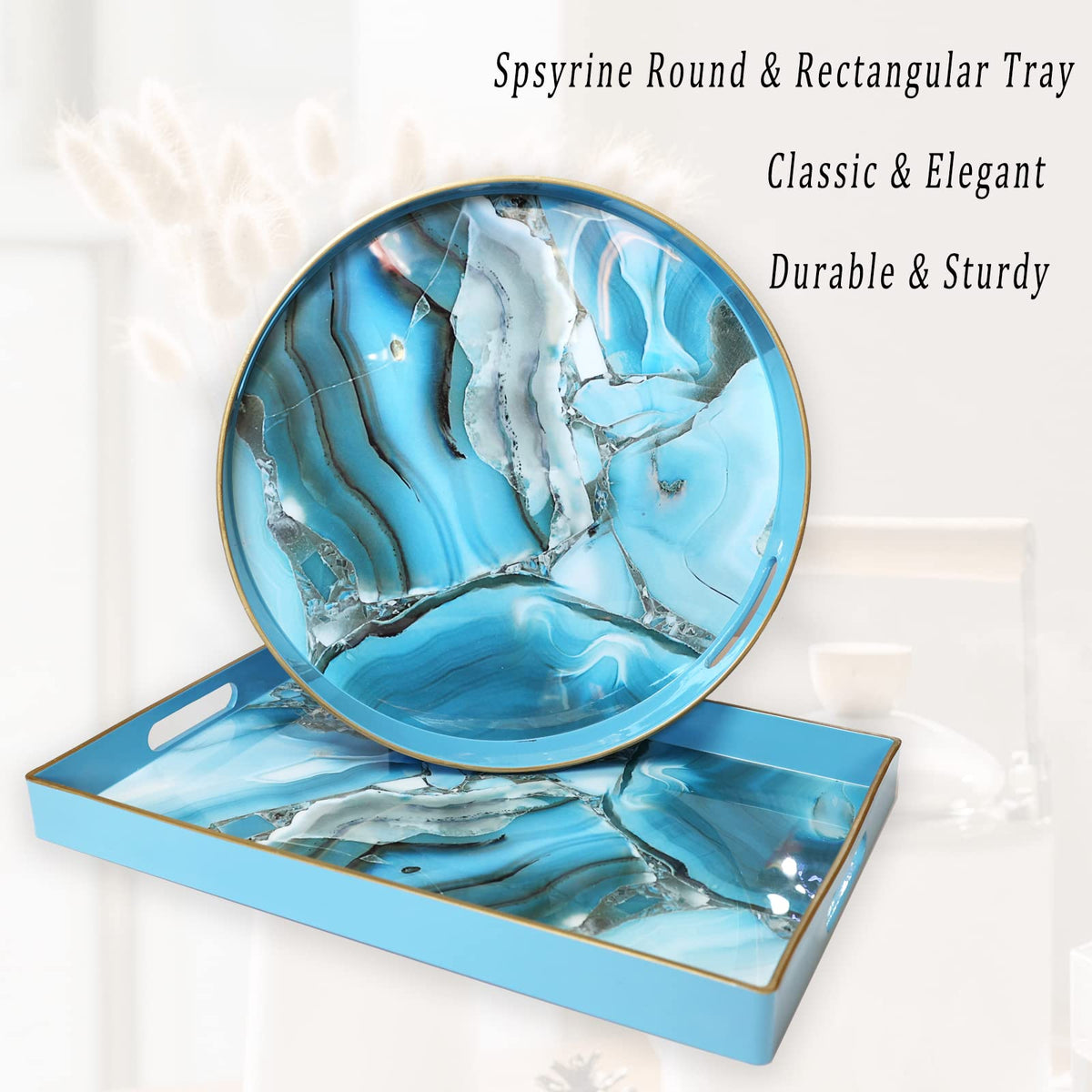 Spsyrine Round Decorative Tray, 13" Plastic Marbel Serving Tray with Handles for Breakfast, Ottoman, Coffee Table, Bathroom, Kitchen, Living Room
