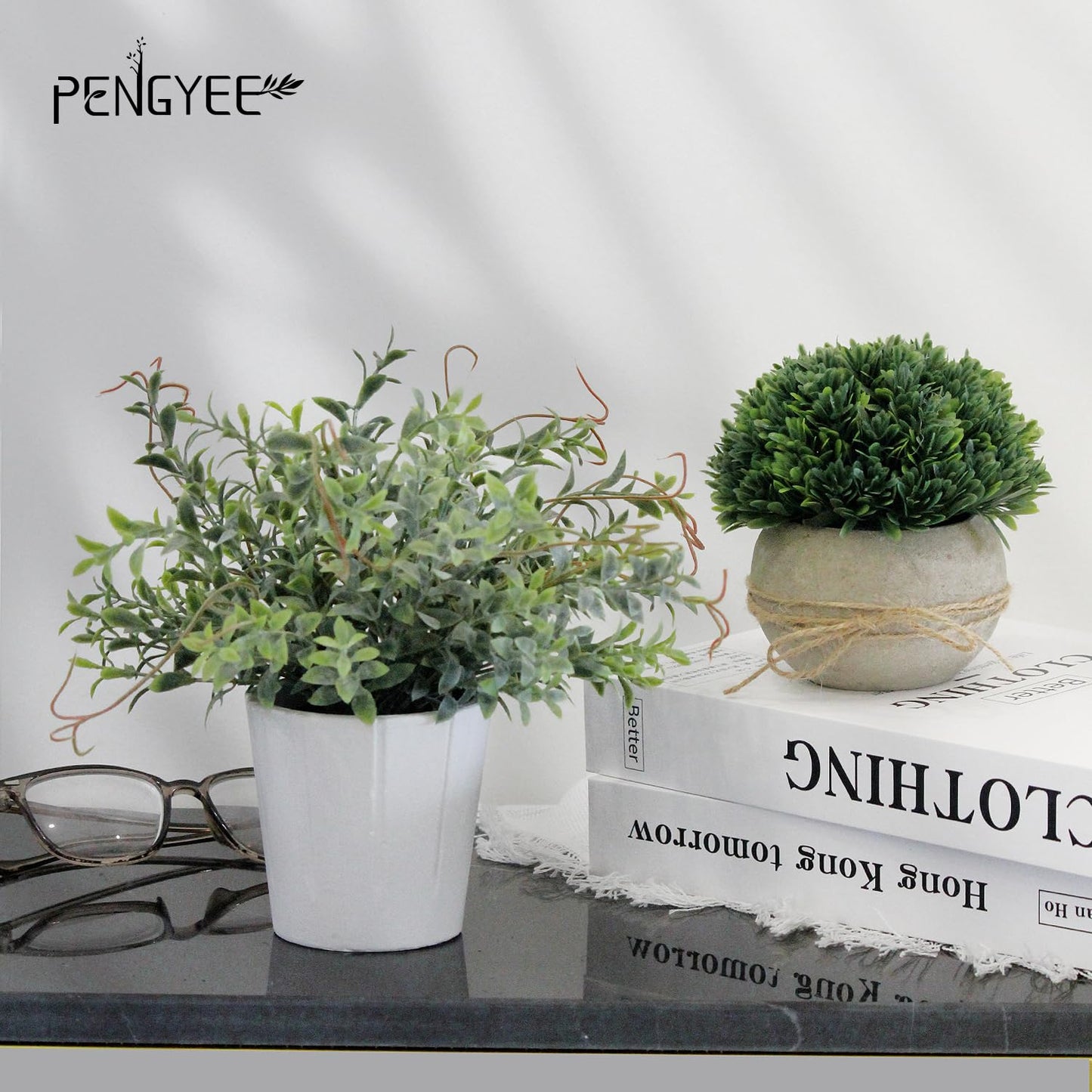 PENGYEE 4 Pack Small Fake Plants in White Pulp Pot for Home Decor, Artificial Plants Indoor, Small Faux Plants Indoor for Bathroom Bedroom Kitchen Office Farmhouse Room Shelf Decor