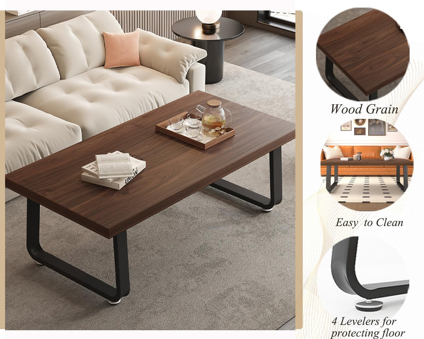 HSH Rustic Walnut Coffee Table, Modern Center Table, Rectangle Industrial Living Room Coffee Table, Simple Farmhouse Wood and Metal Tea Table for Home Bedroom Office, Walnut, 47 in