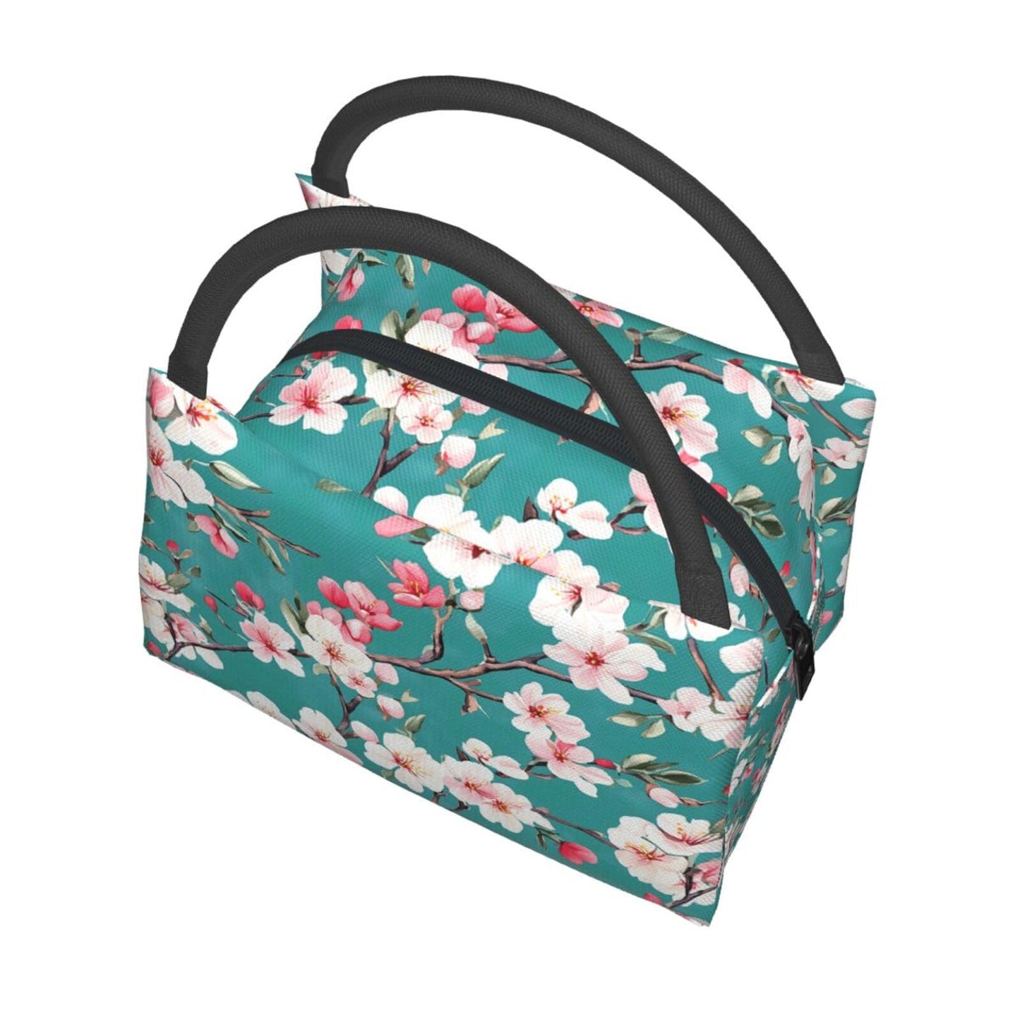 ainori Cherry Blossom Insulated Lunch Box for Girls Women,Reusable Tote Bag with Elegant Flower Branch in Teal,Portable Lunchbox Handbag,Makeup Bags Organizer Gifts for Work Office Travel,11x6.3x6.7in