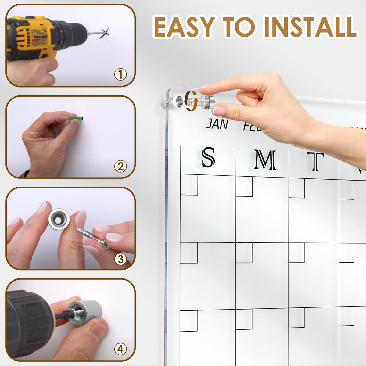 MAKELLO Acrylic Calendar for Wall 24" x 18", Clear Dry Erase Calendar for Office, School, Home, Bedroom, 4 Pens, Pen Holder, Wall-Mount Screws