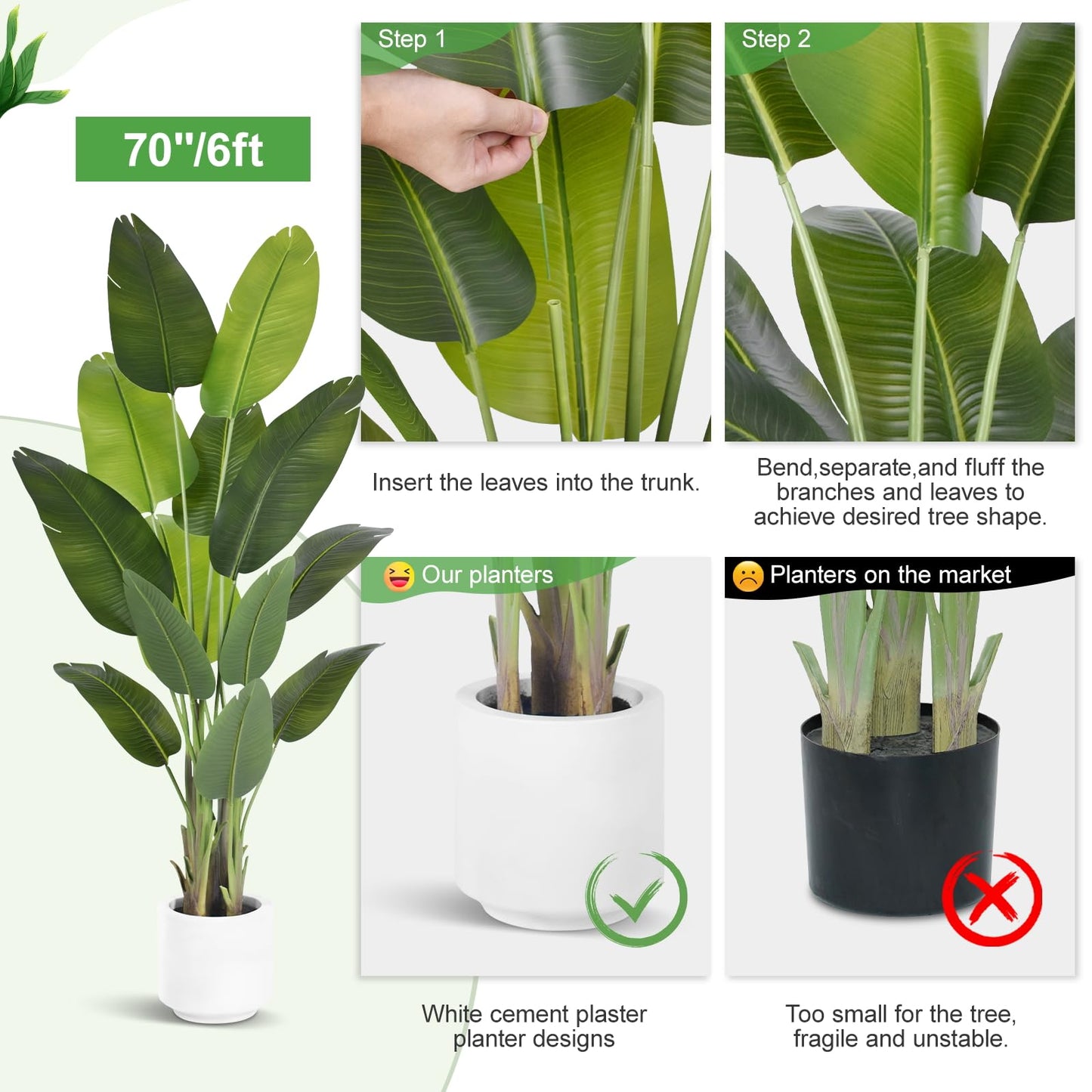 Artificial Bird of Paradise Plant 6Ft Tall Fake Tropical Palm Tree Large Fake Plants with 13 Silk Banana Leaves Faux Plant Indoor Decor Trees with White Pot for Home Bedroom Living Room Office（2pcs）