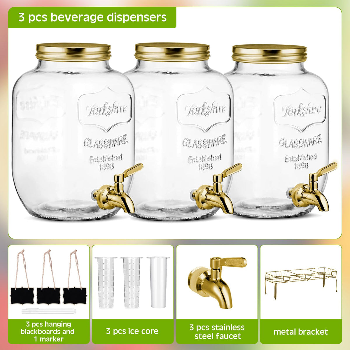 Lallisa 3 Pcs 2.5 Gallon Beverage Dispensers for Parties Glass Drink Water Dispenser with Stand Stainless Steel Leakproof Spigot Ice Cylinder Hanging Chalkboard Signs Pen(Gold)