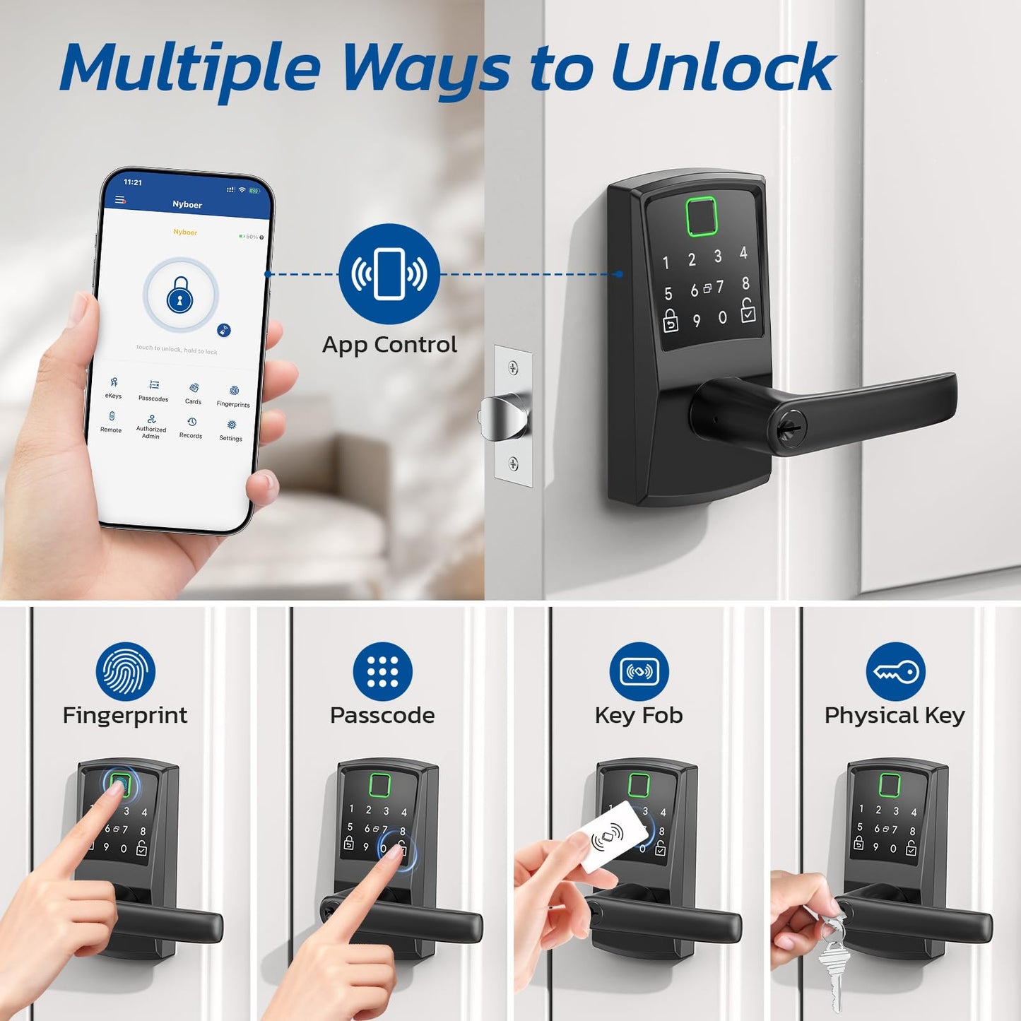 Keypad Smart Door Lock with Handle, Fingerprint Keyless Entry Digital Lock for Front Door,Nyboer Electronic Code Knob, Matte Black, Modern Style, Easy Installation,Deadbolt Alternative