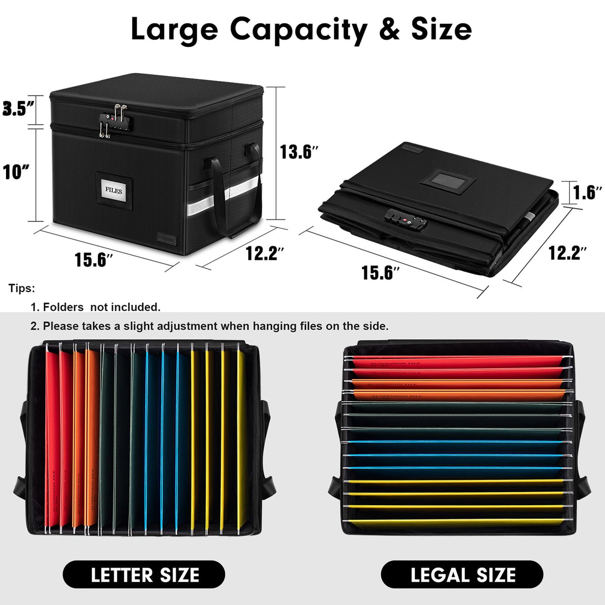ETRONIK Fireproof Document Box with Lock, 2 Layer File Cabinet Organizer with 5 Tab Inserts, Portable Office Collapsible File Storage with Reflective Strip for Hanging Letter, Legal Size Folder