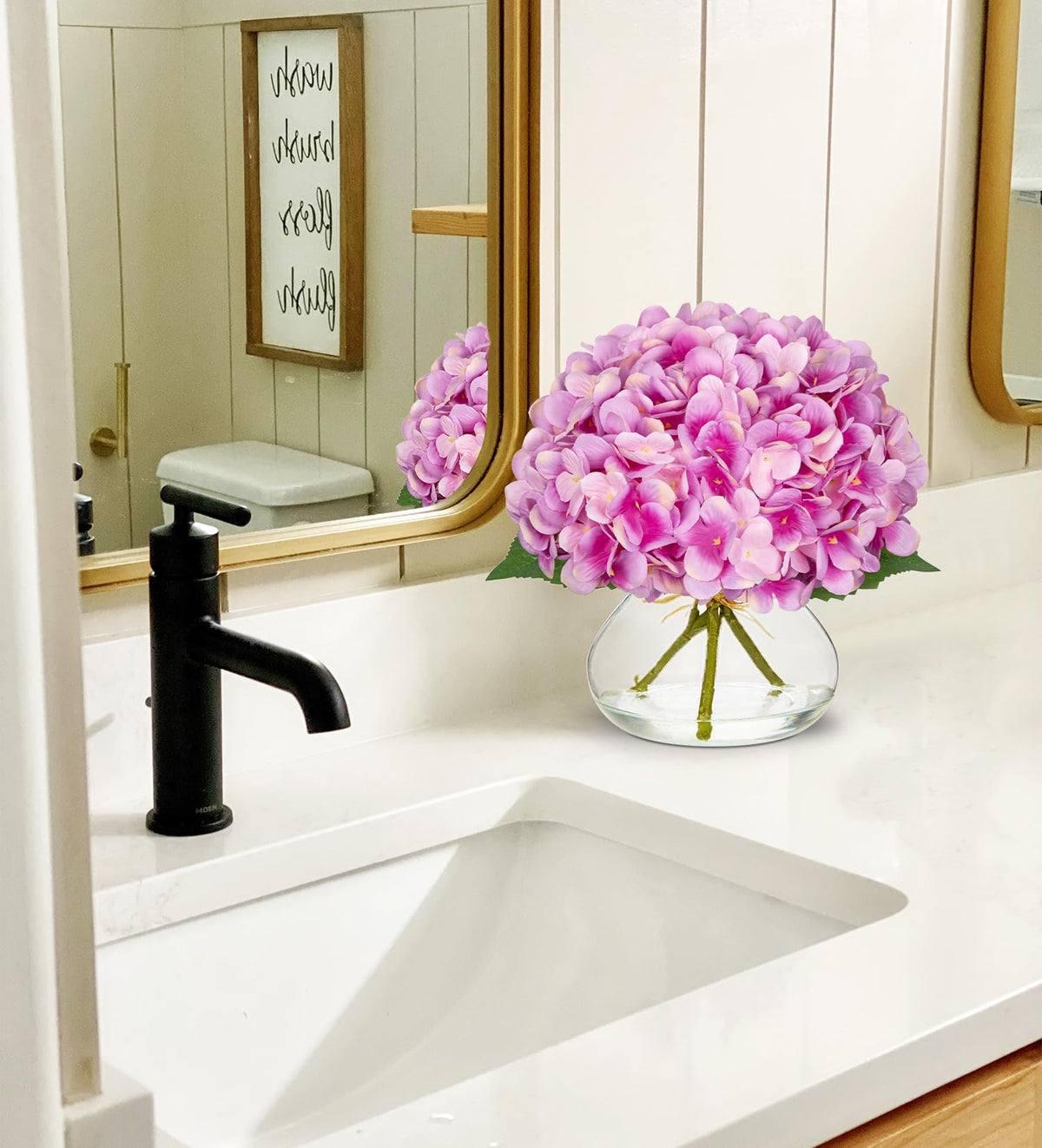 Hollyone Hydrangea Artificial Flowers with Glass Vase Purplish Pink Silk Faux Flowers Arrangements in Vase with Faux Water Fake Floral Bulk Bouquet for Home Decor Table Centerpiece Decorations