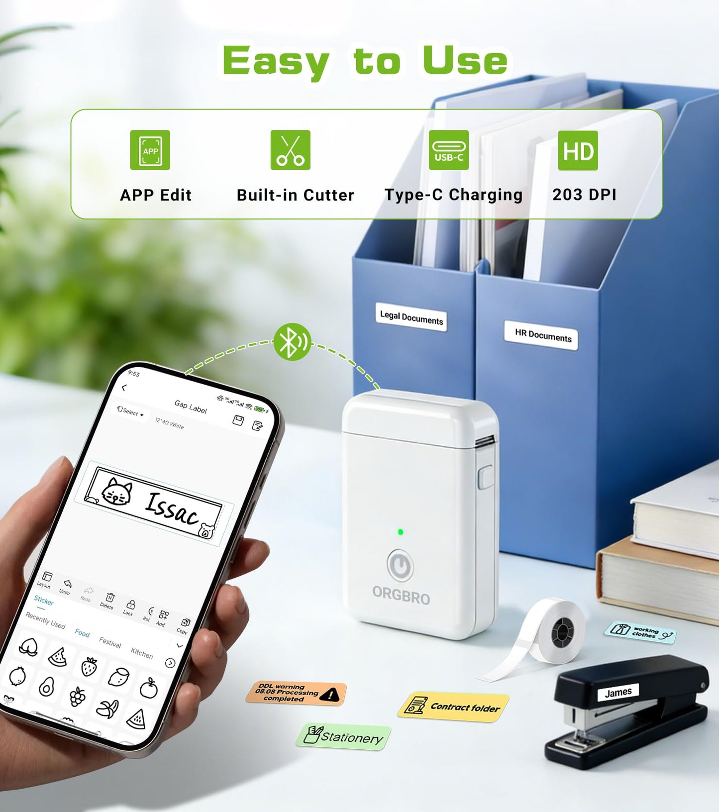 ORGBRO Label Maker Machine with Tape, X1 Portable Bluetooth Mini Label Printer, Support Pre-Cut & Continuous Label, Wireless Small Label Makers with Versatile App for School Home Office Organization