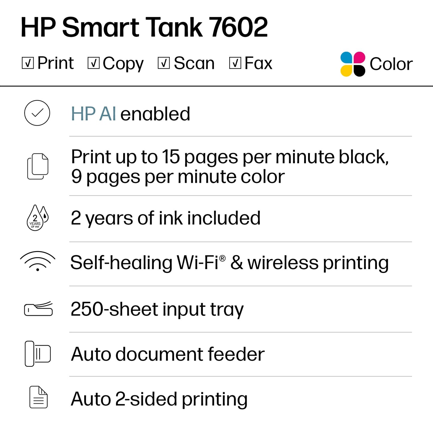 HP Smart Tank 7602 Wireless All-in-One Ink Tank Printer, Scanner, Copier with 2 Years of Ink Included, Best-for-Home Office, Cartridge-Free Refillable, AI-Enabled (28B98A)